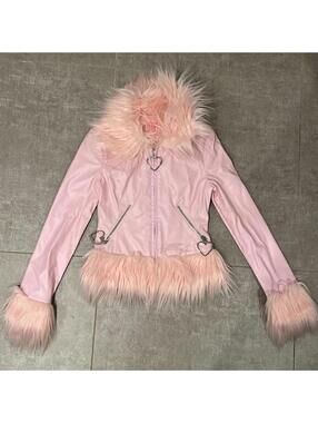 Sugar Thrillz Baby Pink Faux Leather Jacket with Faux Fur Trim